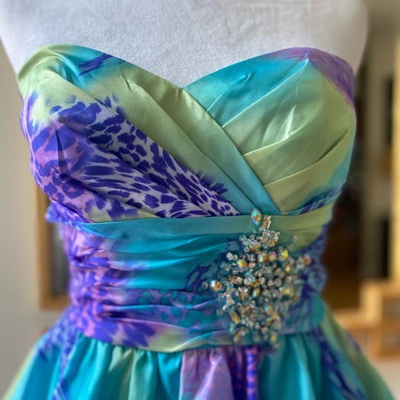 Mori Lee Sticks & Stones Teal/Purple Leopard Bubble Hem Mini Dress, size 3/4 - Picture 5 of 16